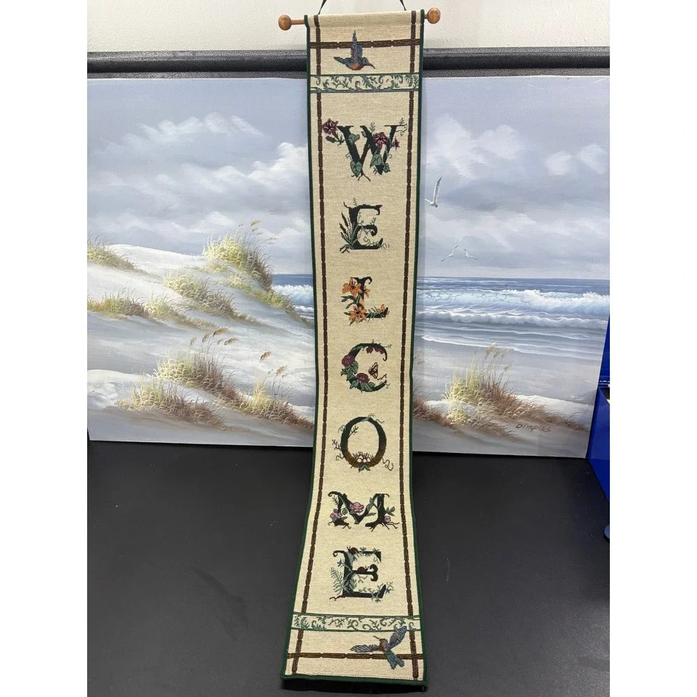 Vintage Woven Tapestry Welcome Wall Hanging Floral Hummingbird Vertical Scroll